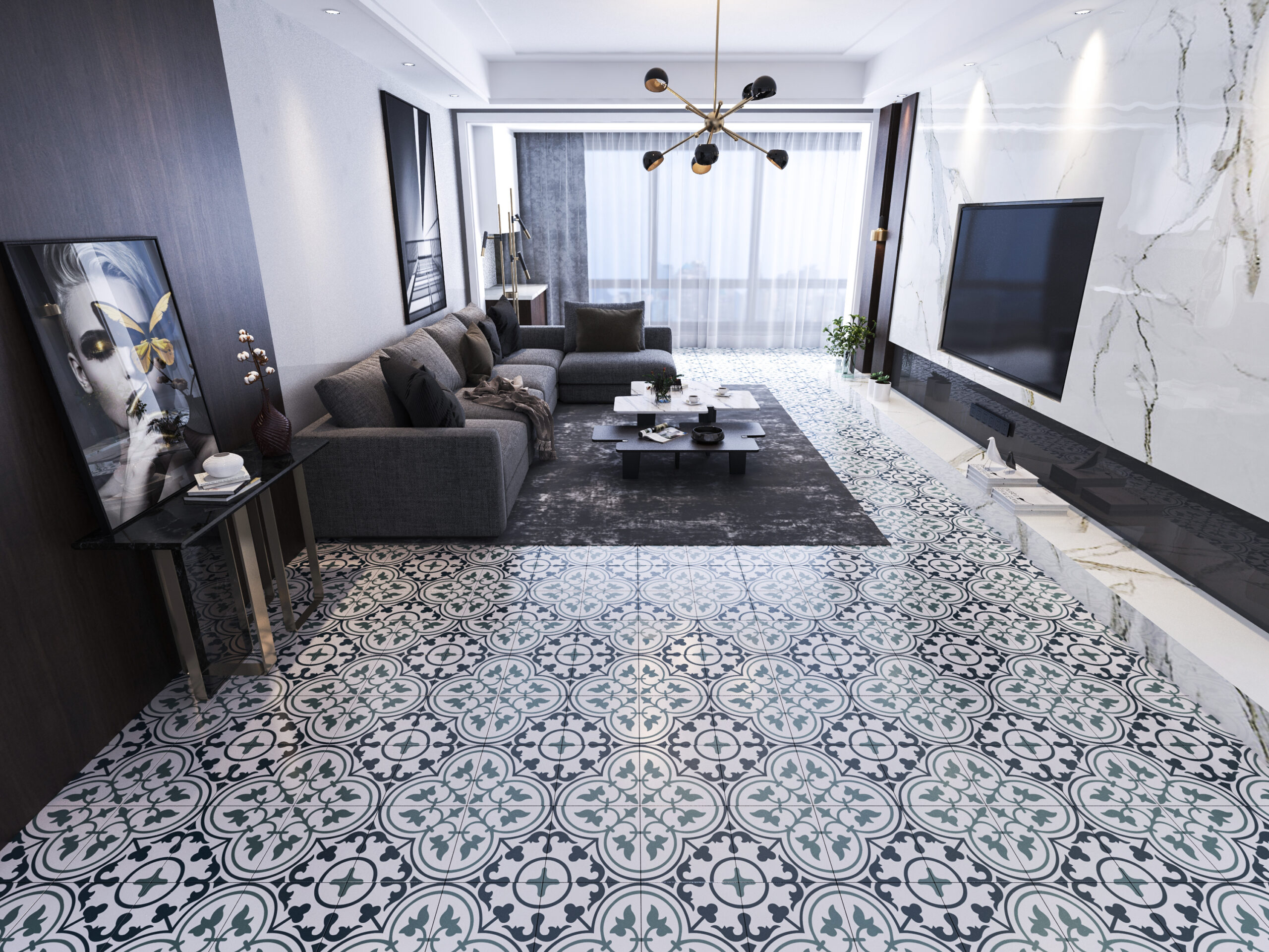 Tiles in Living Room scaled Carrelage décoré géométrique Ref. M 062 (C,F,M)